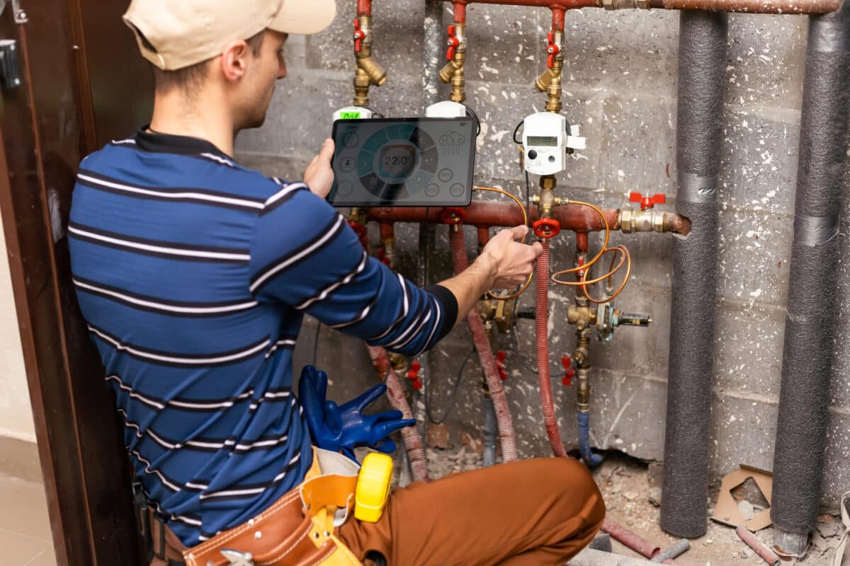 The technician is checking the smart plumbing system with a tablet in hand.